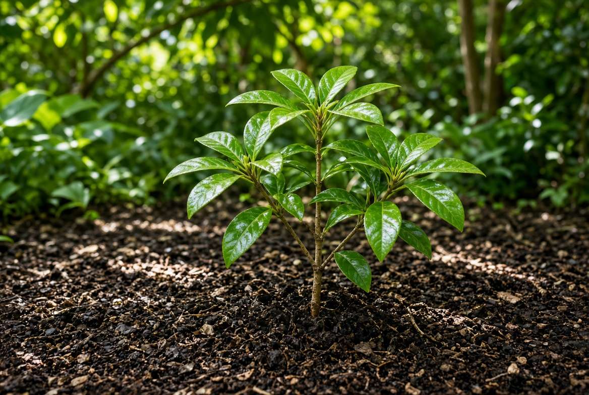 A young star anise sapling growing in rich soil under dappled sunlight.