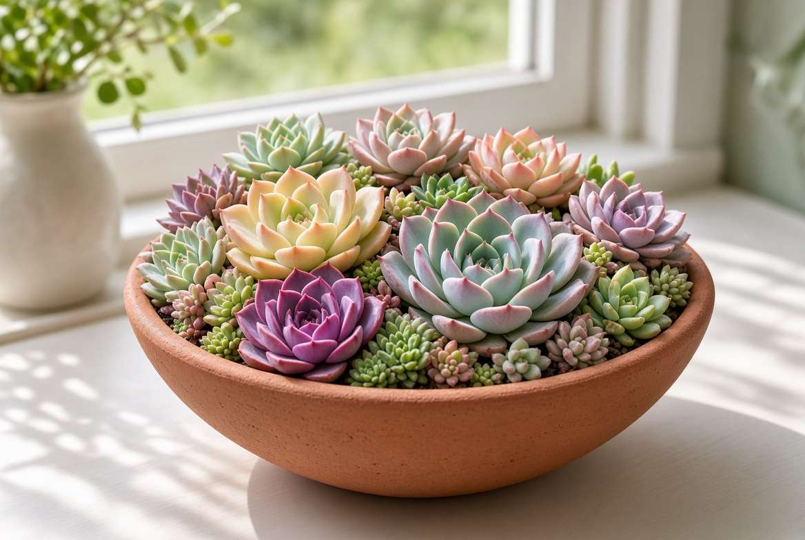 Colorful Echeveria succulents growing beautifully in a wide, shallow terra cotta planter.