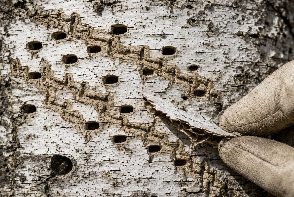 hyper-detailed macro close-up photograph of a birch tree trunk showing the lethal D-shaped exit holes and subterranean tunneling galleries caused by the bronze birch borer, which infests stressed birch tree branches.