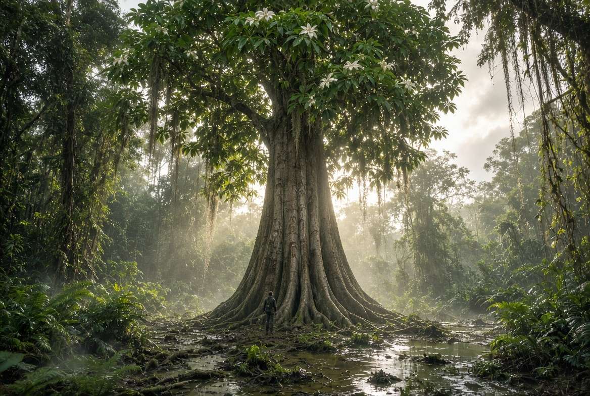 A towering, massive 60-foot wild Money Tree (Pachira aquatica) in a tropical Central American swamp, showing its natural growth potential next to a miniature human figure for scale.