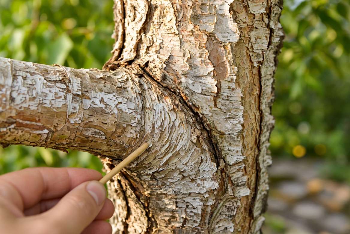 A detailed close-up of a silver birch trunk showing the natural swollen branch collar and the raised branch bark ridge, key anatomy for safely pruning birch tree branches.