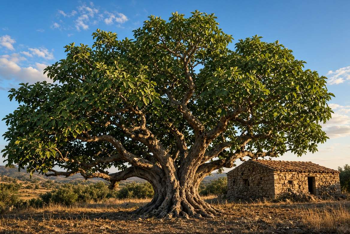 Giant, sprawling mature common fig tree growing in a sun-drenched Mediterranean landscape near a stone building.