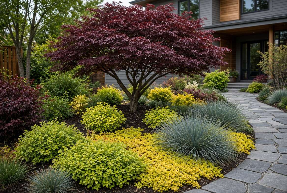A text-free photograph of a landscape design featuring a dark red Japanese Maple contrasted against bright chartreuse spirea and golden groundcover plants.