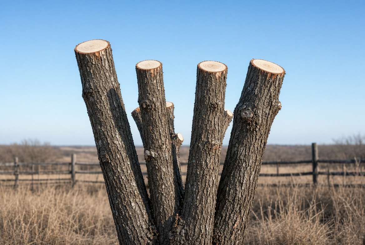 Close-up of a multi-trunk Vitex tree after hard winter pruning (the big chop) in Texas, cut back to clean main stems for vigorous summer blooms.