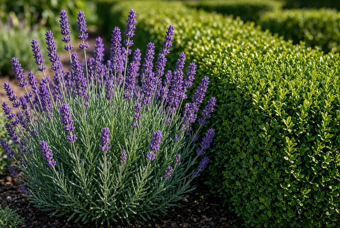Vibrant purple lavender flowers blooming in contrast next to a manicured green boxwood hedge