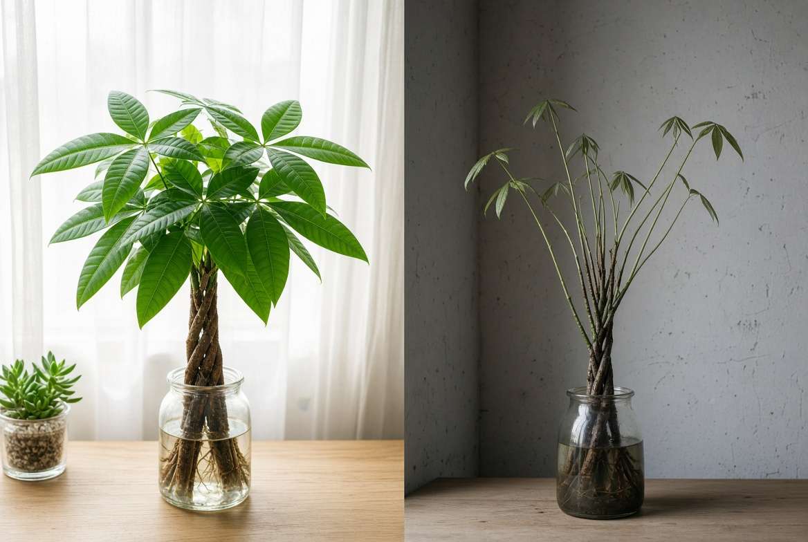 A split-screen image comparing two braided Money Trees: the left tree is lush and healthy in bright, diffused light; the right tree is leggy, sparse, and pale from low light exposure.
