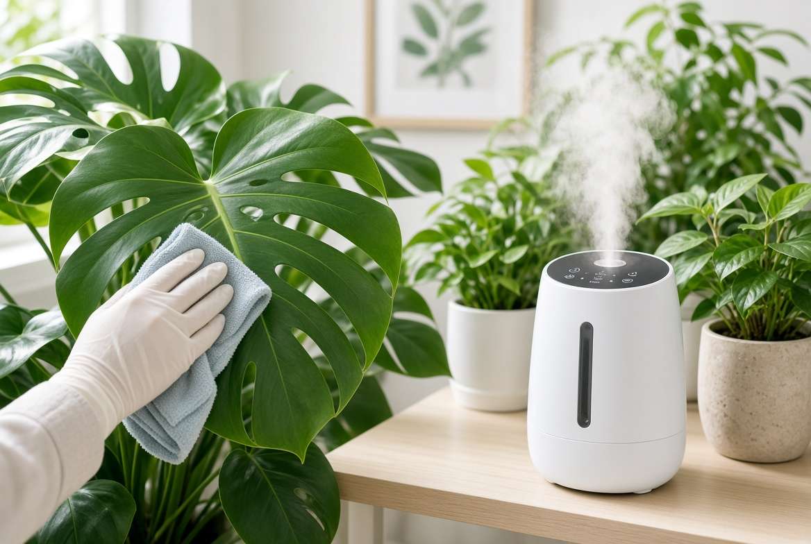 A person wiping a leaf with a microfiber cloth near a running humidifier to prevent spider mite infestations.