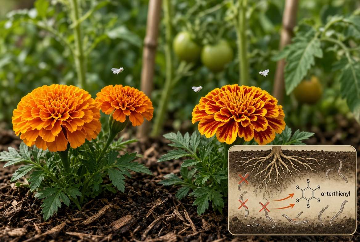 Macro photography of vibrant French marigold flowers repelling whiteflies in an organic garden, with a conceptual inset illustrating nematode protection for tomato roots.