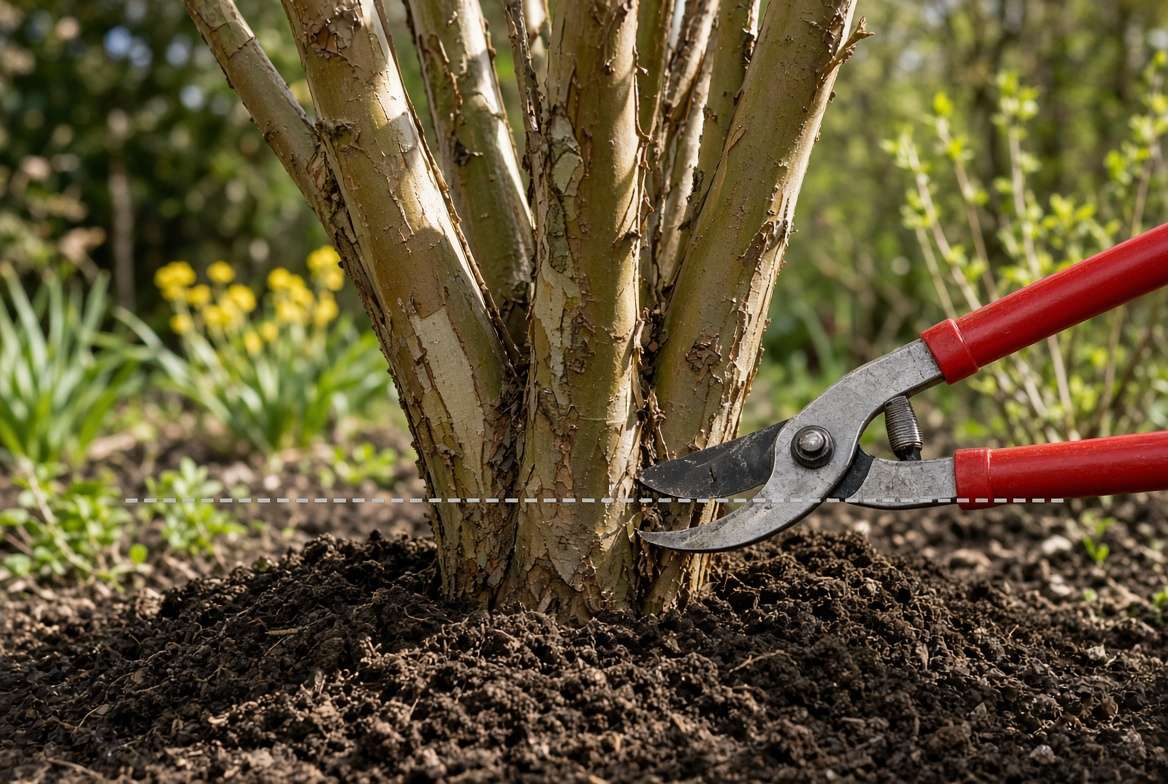 A pruning diagram graphic showing a hand using loppers to make the correct coppicing cut 4 inches above the ground on a cider gum plant.
