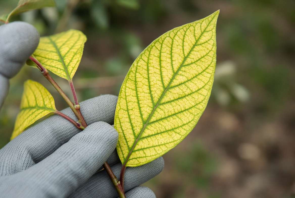 Close-up of cherry plum tree leaves showing classic interveinal yellowing (iron chlorosis symptoms), contrasting with dark green veins.