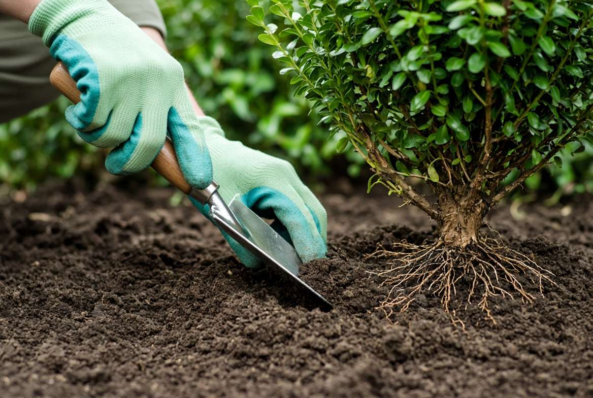 Close-up photo of a gardener carefully using a hand trowel to plant near delicate boxwood roots.