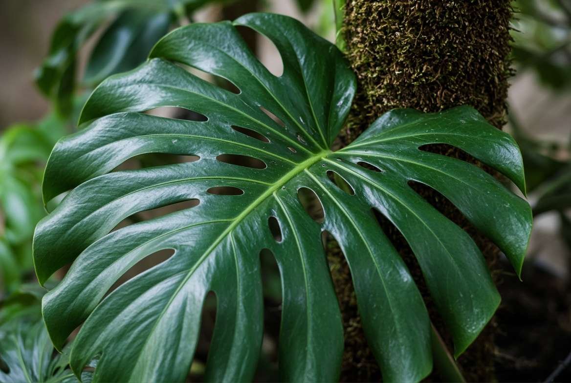 A close-up shot of a mature Monstera deliciosa leaf with visible holes and splits, climbing a moss pole