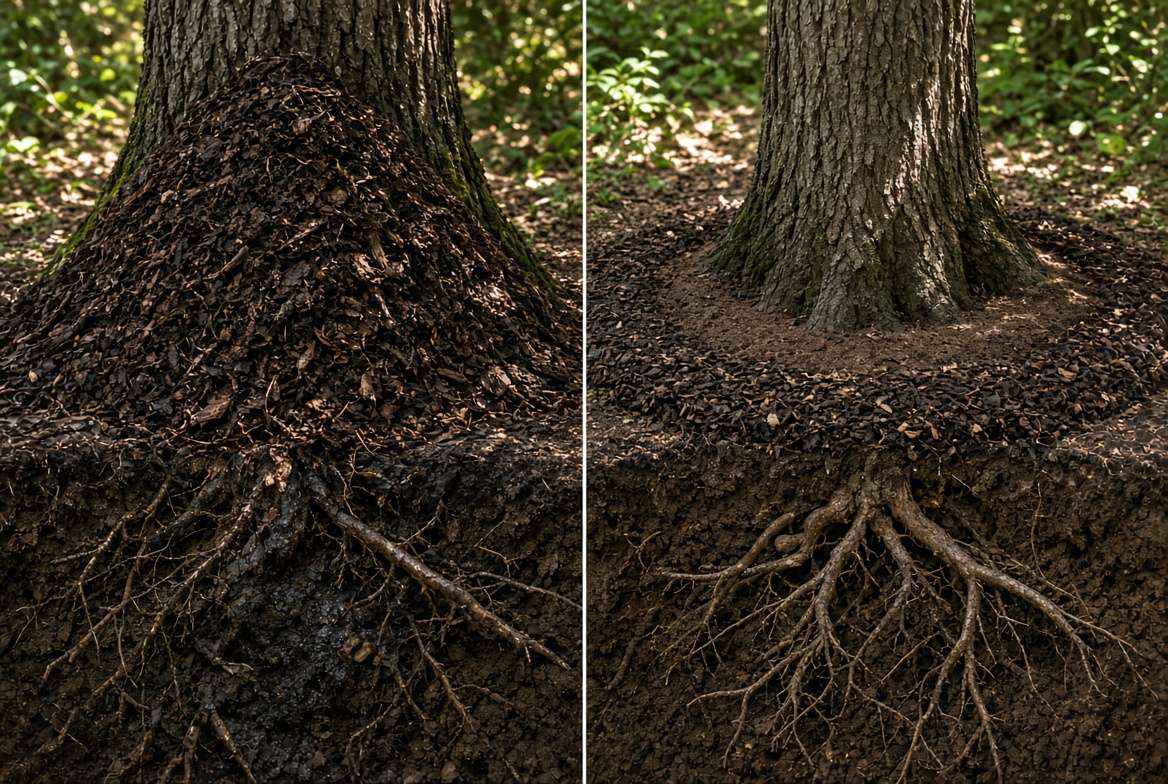 A photorealistic diagram comparing a harmful tree mulch volcano with a healthy mulch donut.