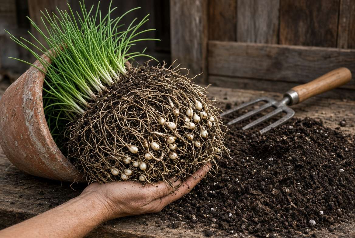 An overgrown chive plant's dense, tangled root ball and small white bulbs being eased out of a terracotta pot, indicating it is time for division.