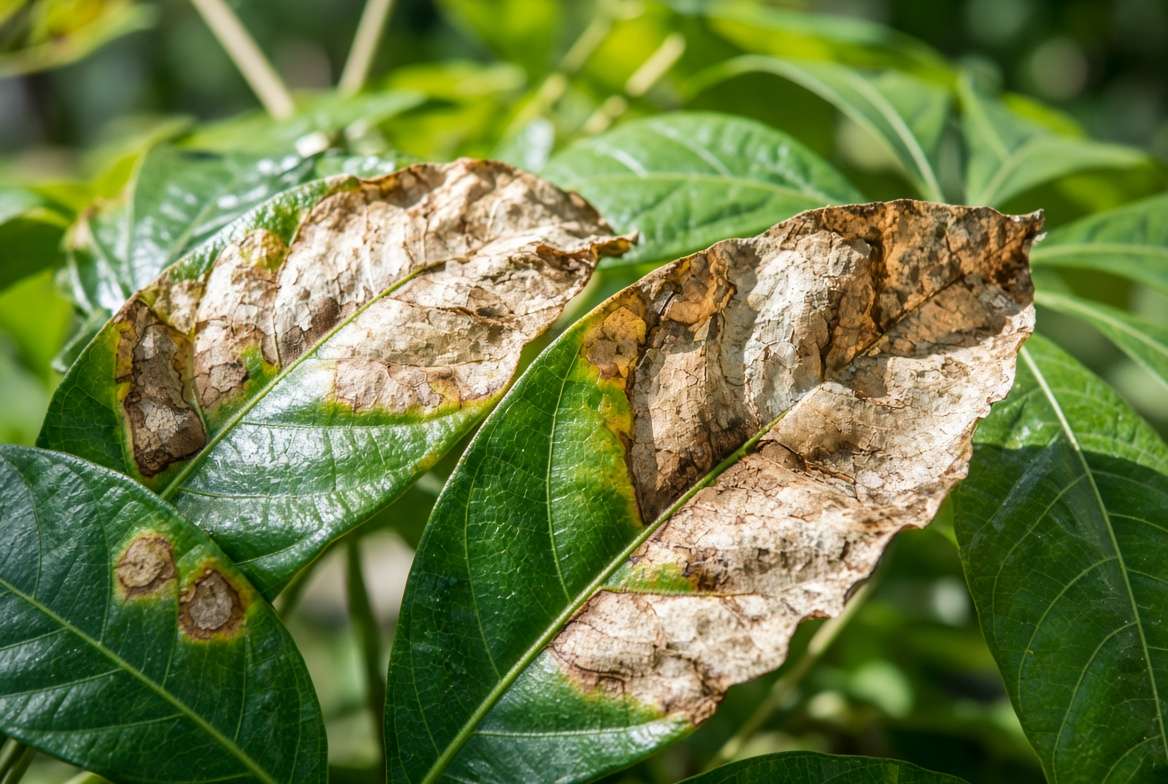 Macro photograph of Money Tree leaves displaying pale and crispy brown patches caused by excessive direct sunlight.