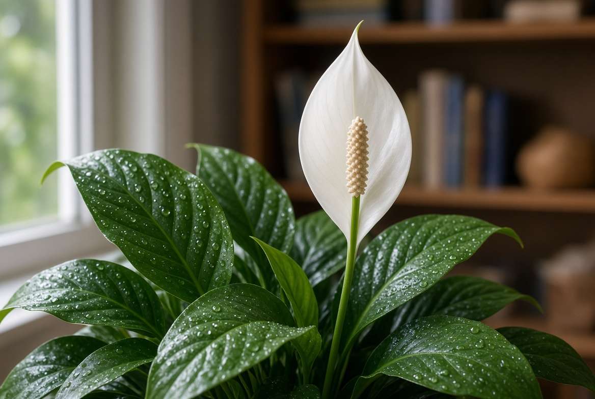 Close-up shot of a healthy Peace Lily plant showing a striking white flower spathe and dark green leaves.
