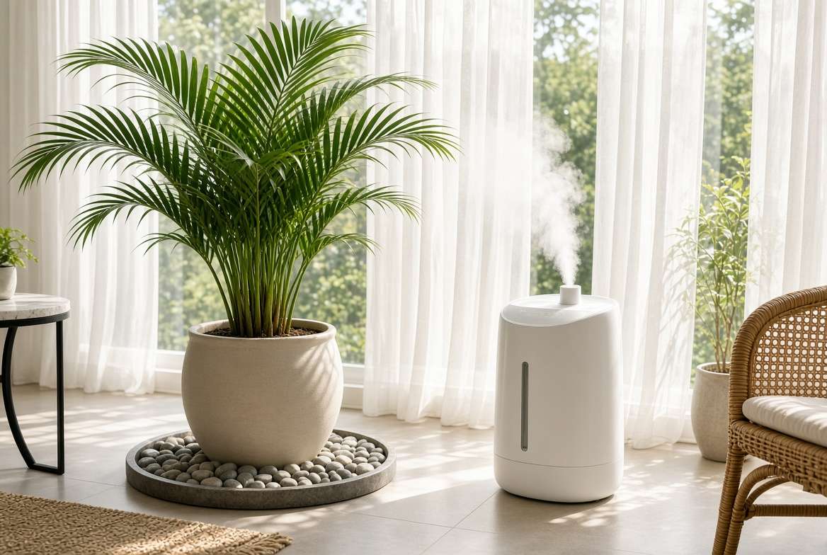 A healthy green potted palm tree sitting on a humidity tray near a humidifier in bright indirect sunlight.