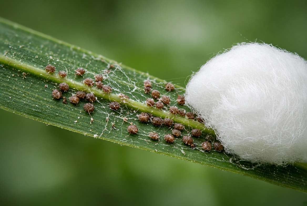Macro image of scale insects and spider mite webbing on the underside of a Christmas Tree Palm leaflet.