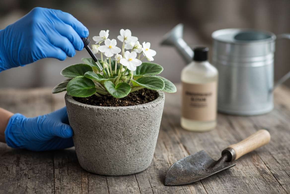 Close-up of gardener's hands applying bloom-stimulating liquid fertilizer to the soil of a white African Violet houseplant