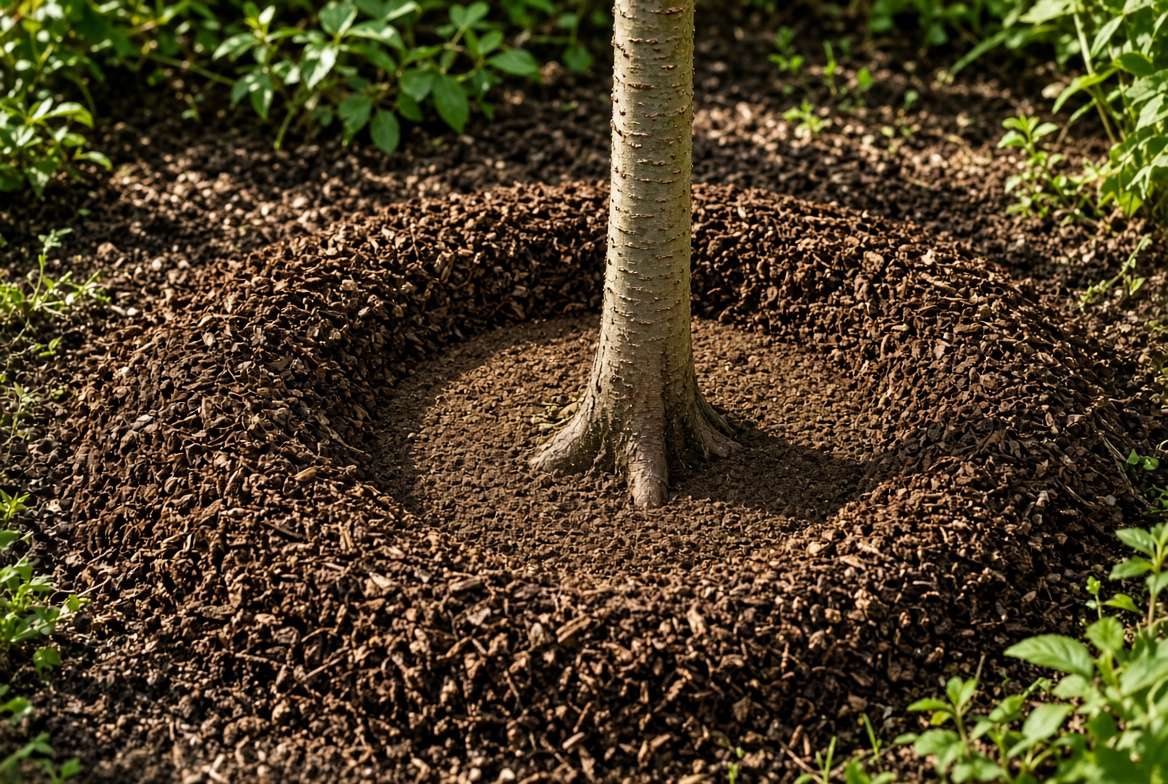 Detailed close-up photograph illustrating the correct 'donut' method for mulching around a tree base, showing a neat gap of soil surrounding the trunk flare for root health and foundation safety.