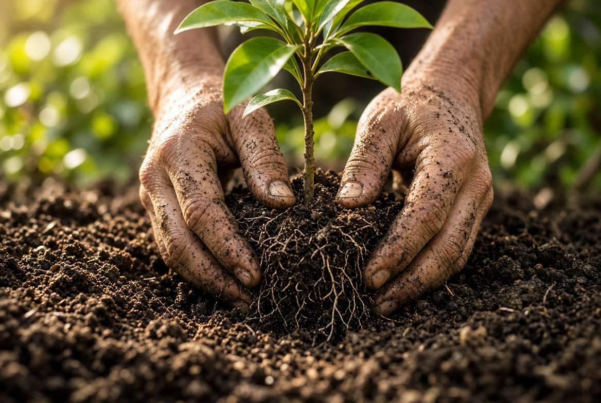 Gardener planting a young apricot tree in rich loamy soil.