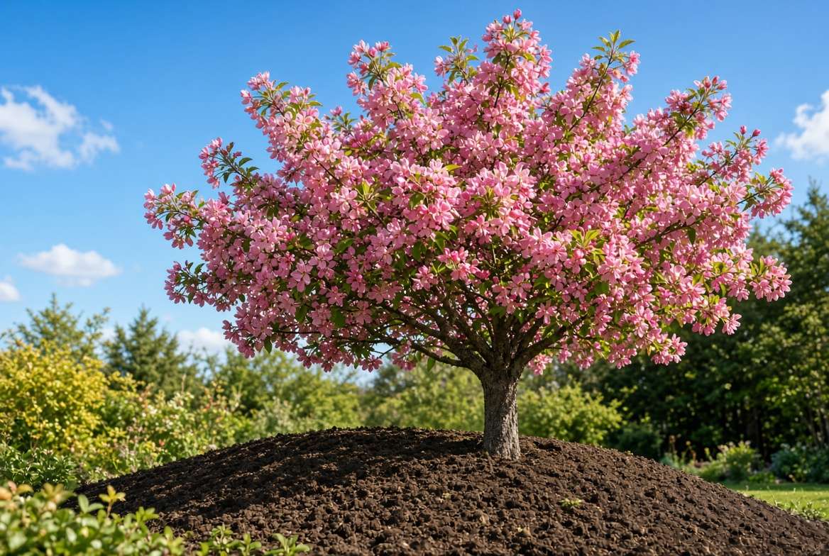 Blooming crabapple tree correctly planted on a soil mound in a sunny yard to improve drainage.