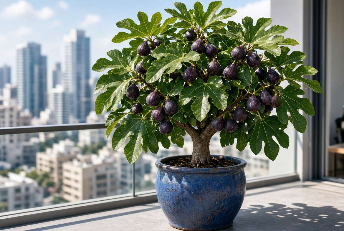 Compact Little Miss Figgy dwarf fig tree producing purple ripe fruit in a ceramic pot on a balcony
