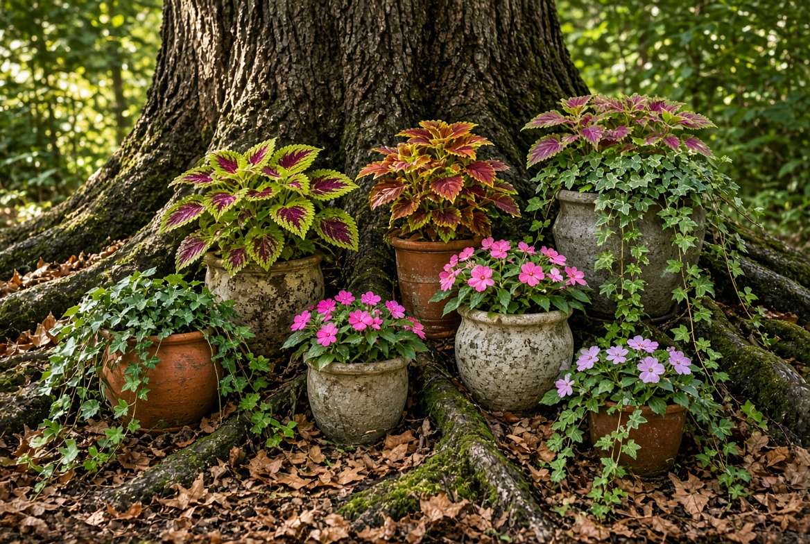 Decorative ceramic and terracotta pots arranged artistically around a tree base for safe landscaping.
