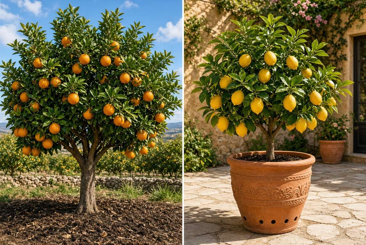 A visual comparison of a healthy orange tree planted in the ground versus a bearing lemon tree grown in a terracotta pot.