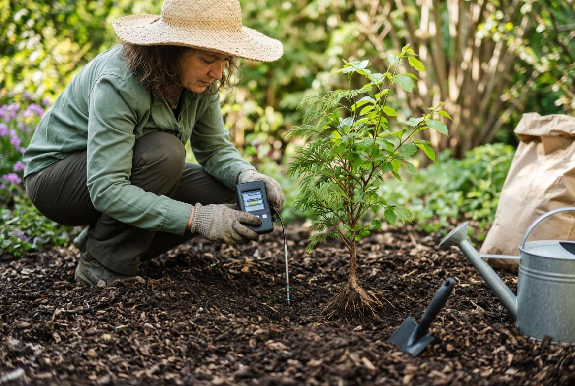 A gardener in a sun hat using a digital soil testing kit in a garden bed near a new sapling.