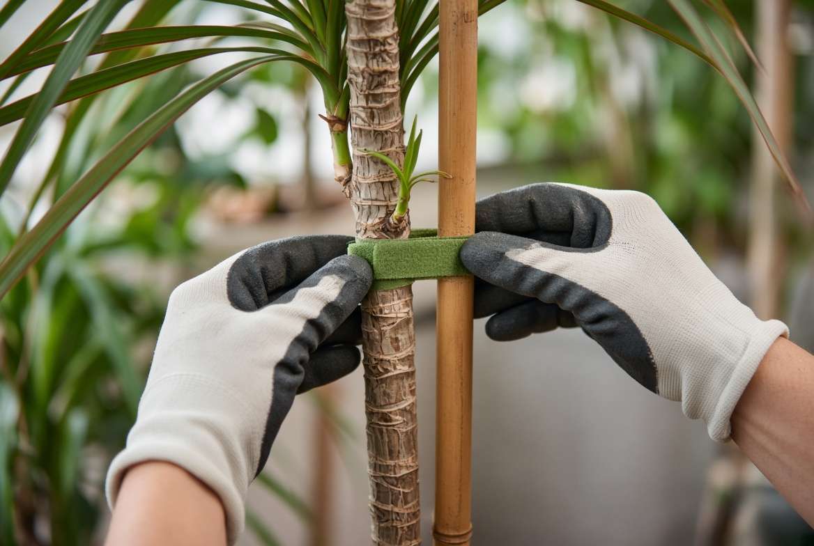 A close-up view of gardener's hands securing a tall Dracaena marginata trunk to a vertical bamboo stake for support