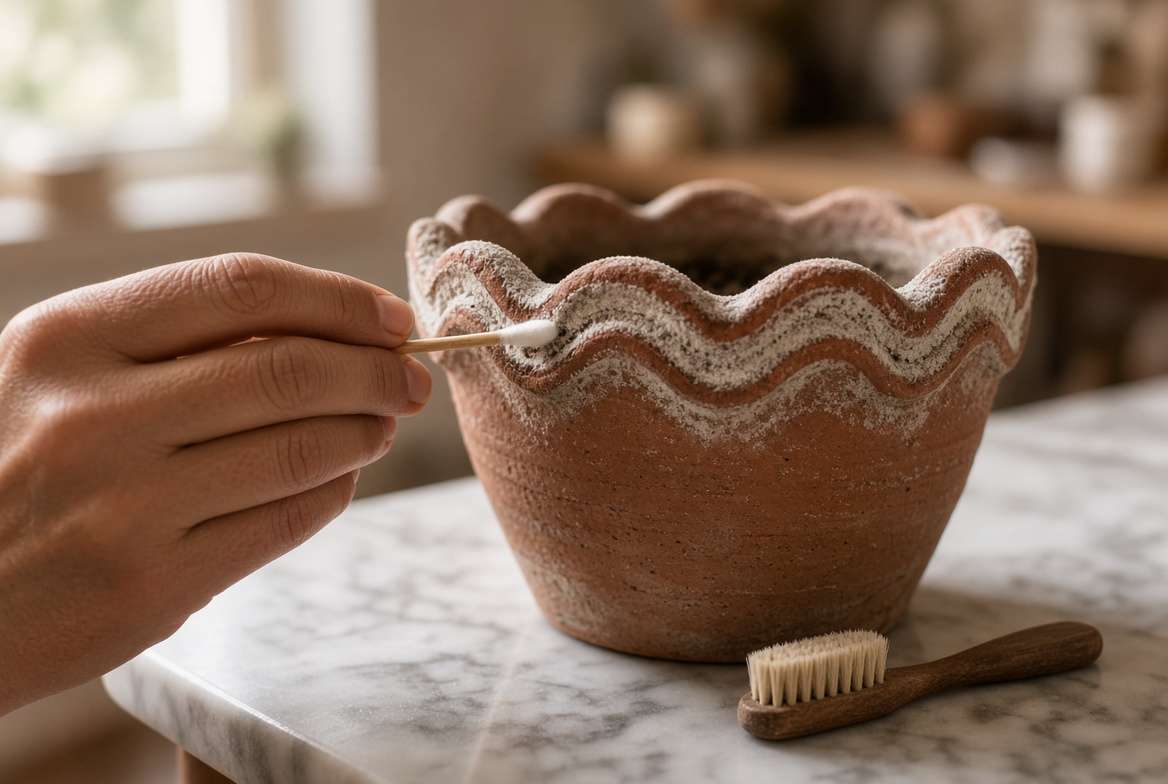 A close-up photo demonstrating how to clean the detailed grooves and crevices of a terracotta scalloped planter using a cotton swab and a brush, restoring its clean appearance.