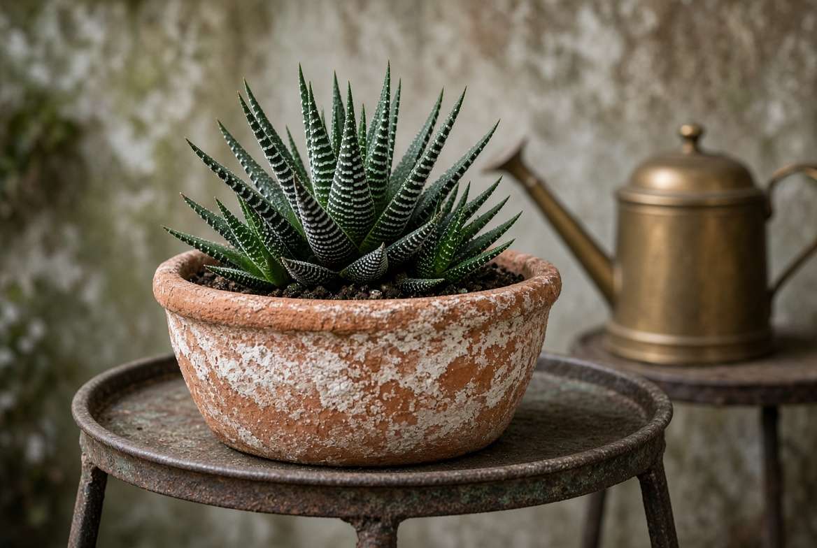 Aged shallow terra cotta planter showing natural white mineral buildup on the outside