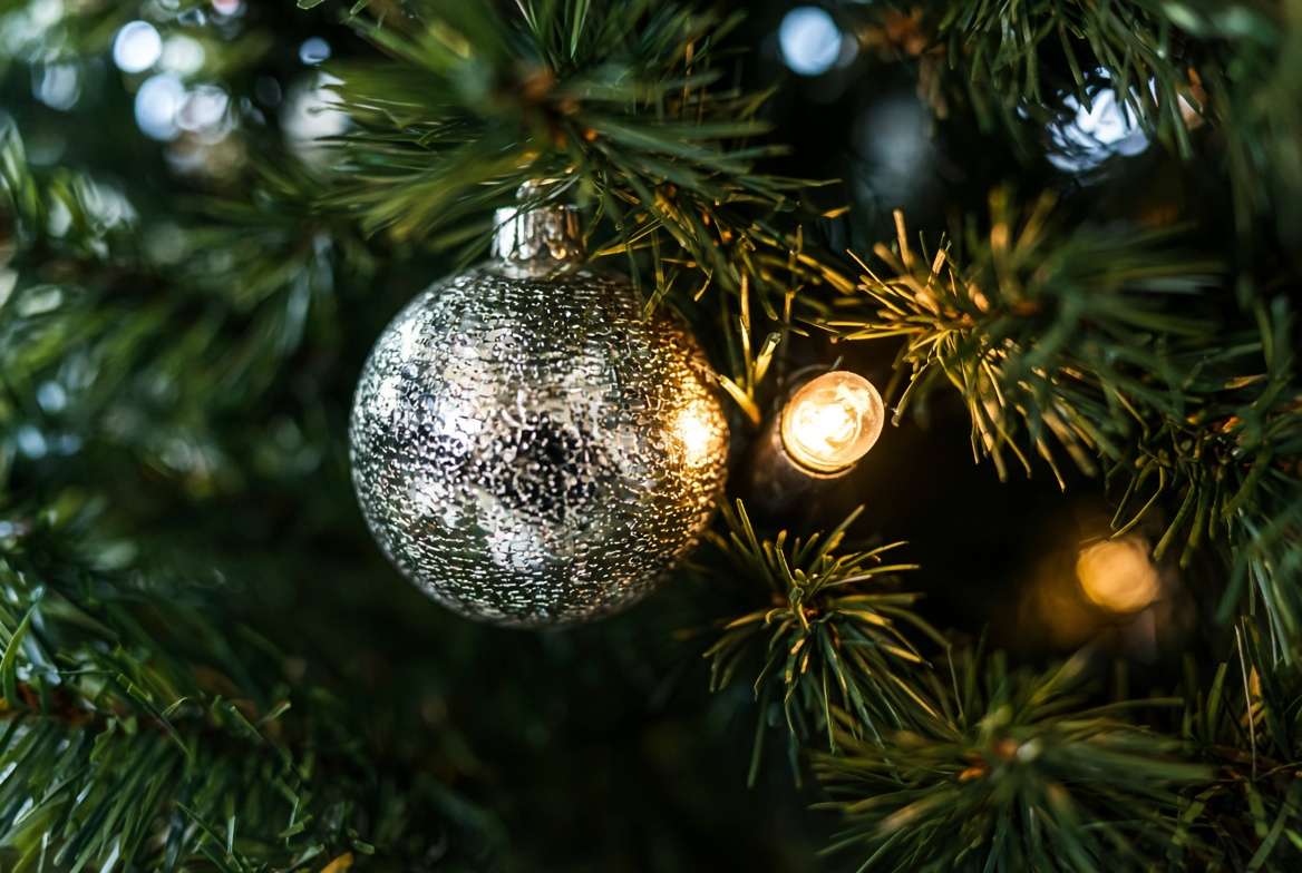 Shiny silver ornament reflecting warm holiday lights deep inside the branches of a Christmas tree.
