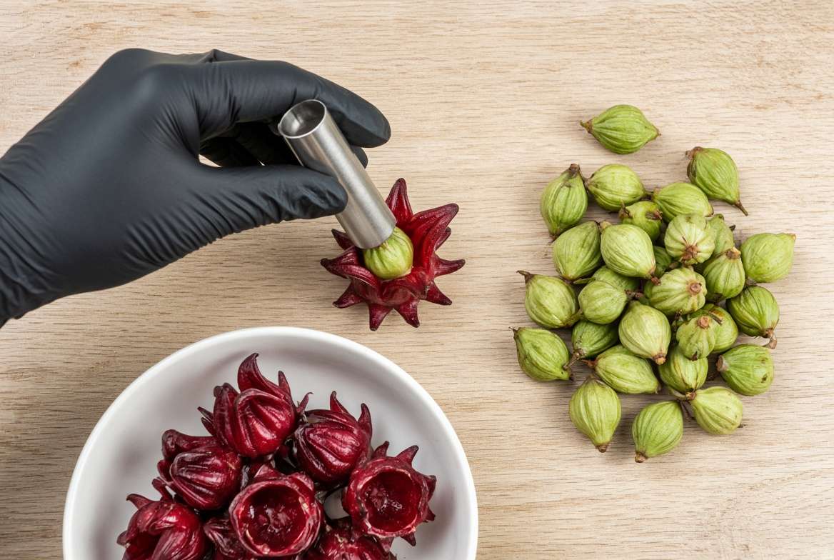 Demonstrating roselle calyx processing by using a corer tool to remove the green seed pod from the red fleshy calyx.