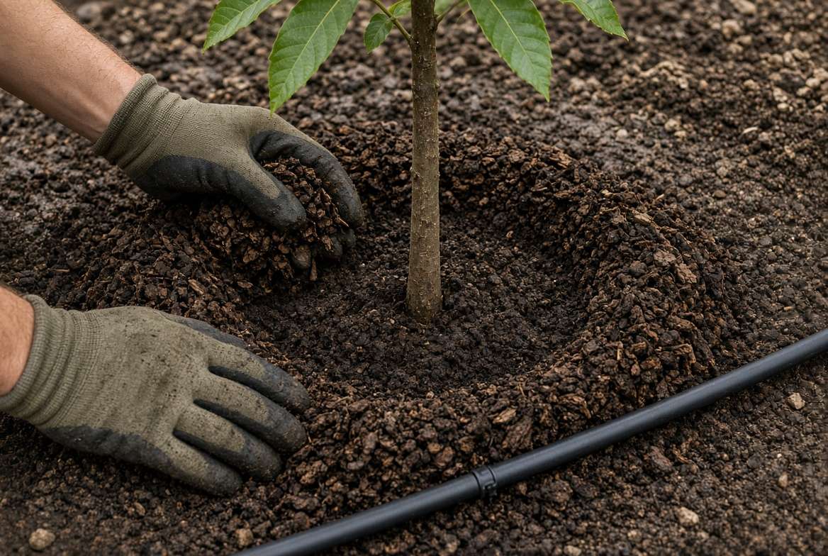 Correct application of mulch and irrigation line around the base of a young chestnut sapling.