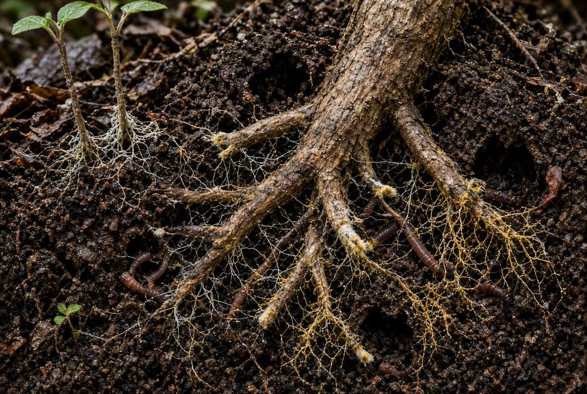 A macro view of the forest soil profile showing a healthy network of tree roots and mycorrhizal fungi connecting a seed tree to new saplings.
