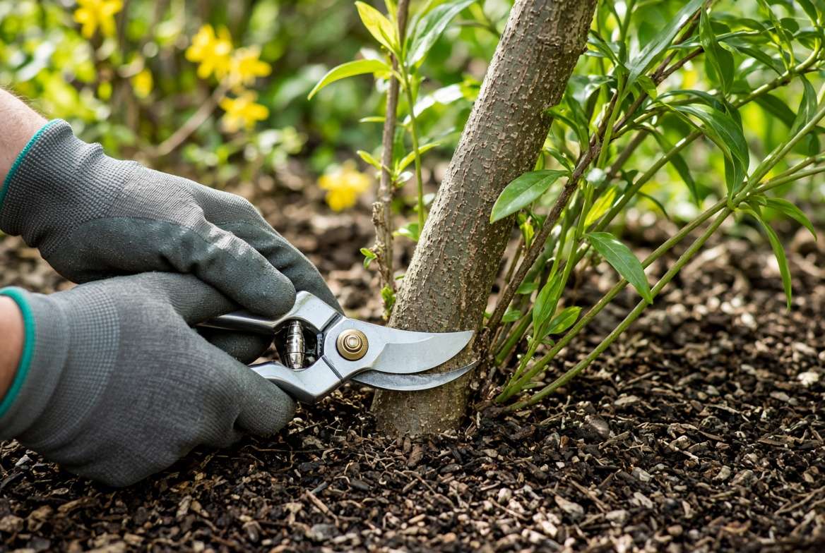 A gardener using pruners to cut an old, thick cane at the base of forsythia plants, demonstrating proper renewal pruning technique.