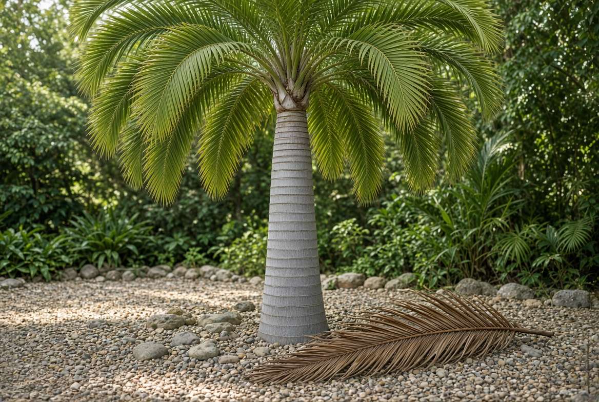 A healthy Christmas Tree Palm trunk with a naturally shed, completely brown frond resting on the ground.