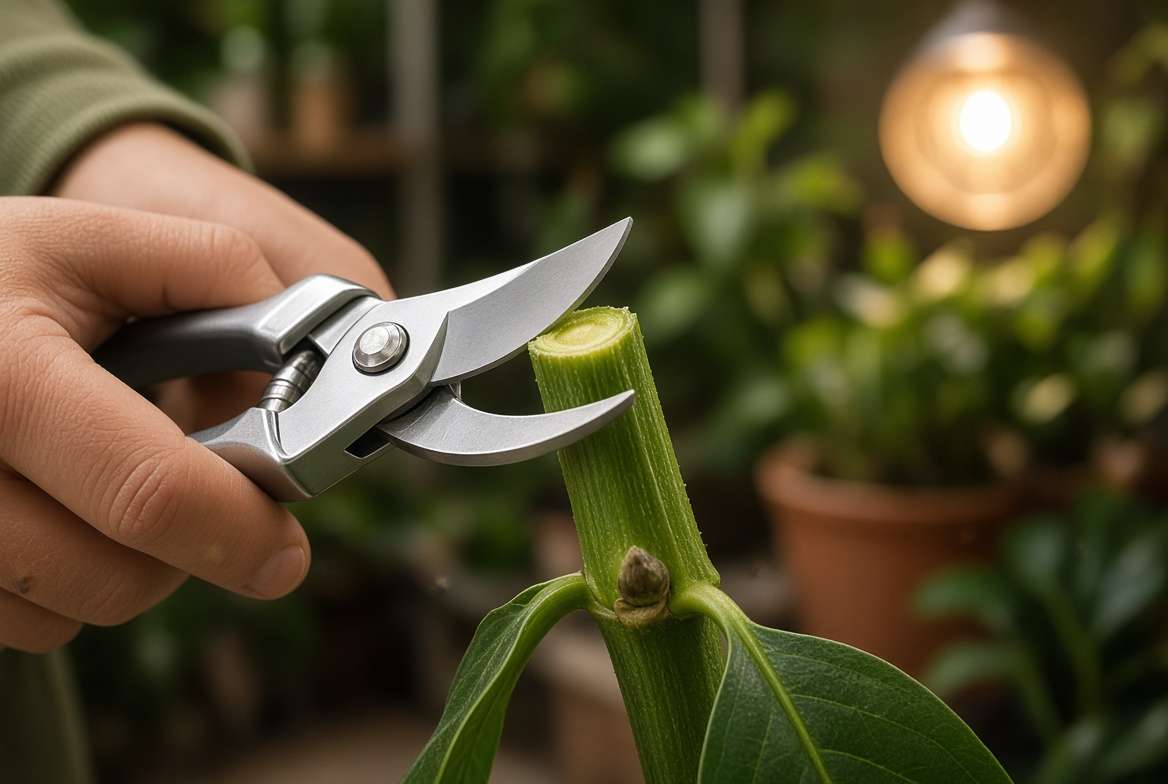A macro close-up of a gardener using sterile shears to prune a leggy plant stem just above a leaf node for bushy growth.