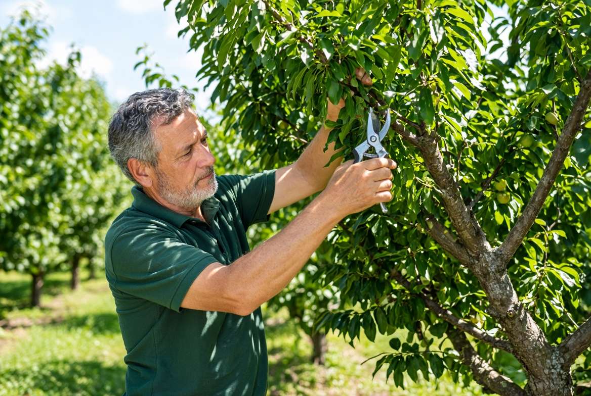 Gardener pruning an apricot tree branch in an orchard.