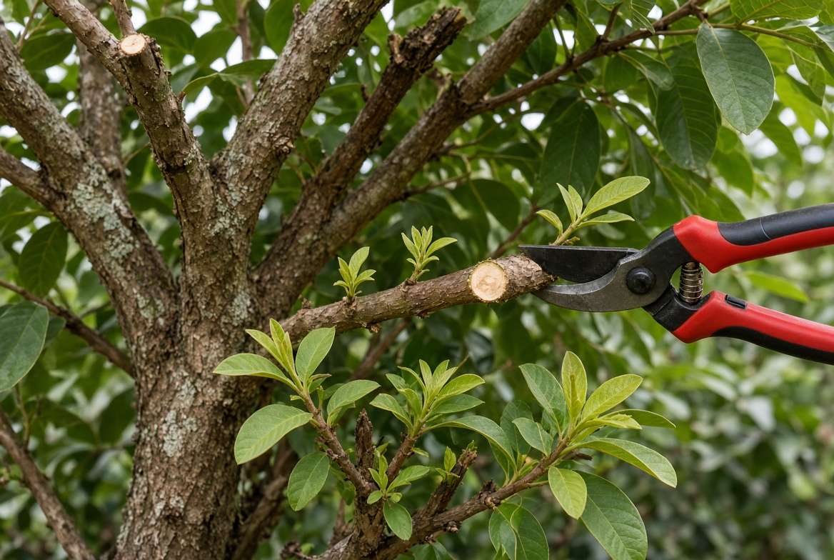 A clean pruning cut being made on a guava branch with hand shears to encourage new, productive fruiting wood.