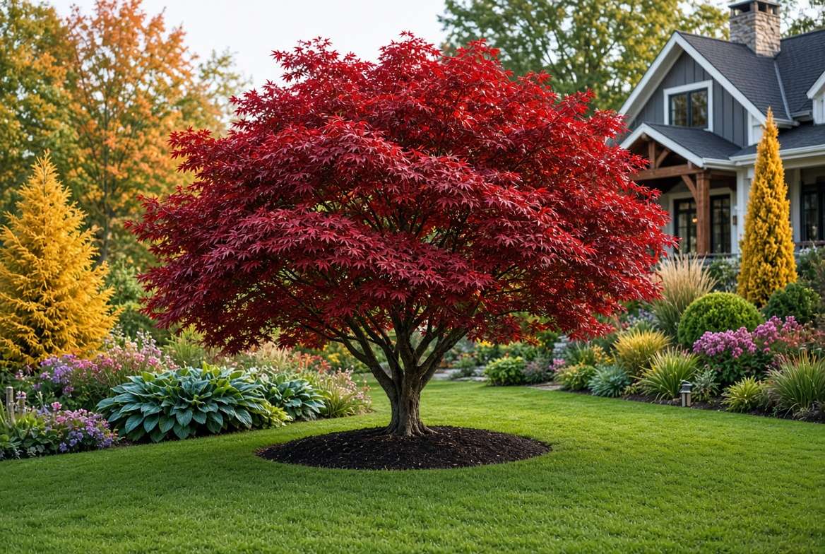 A photorealistic wide-angle shot of a vibrant red Japanese Maple in a modern farmhouse landscape, showcasing its color against a green lawn.