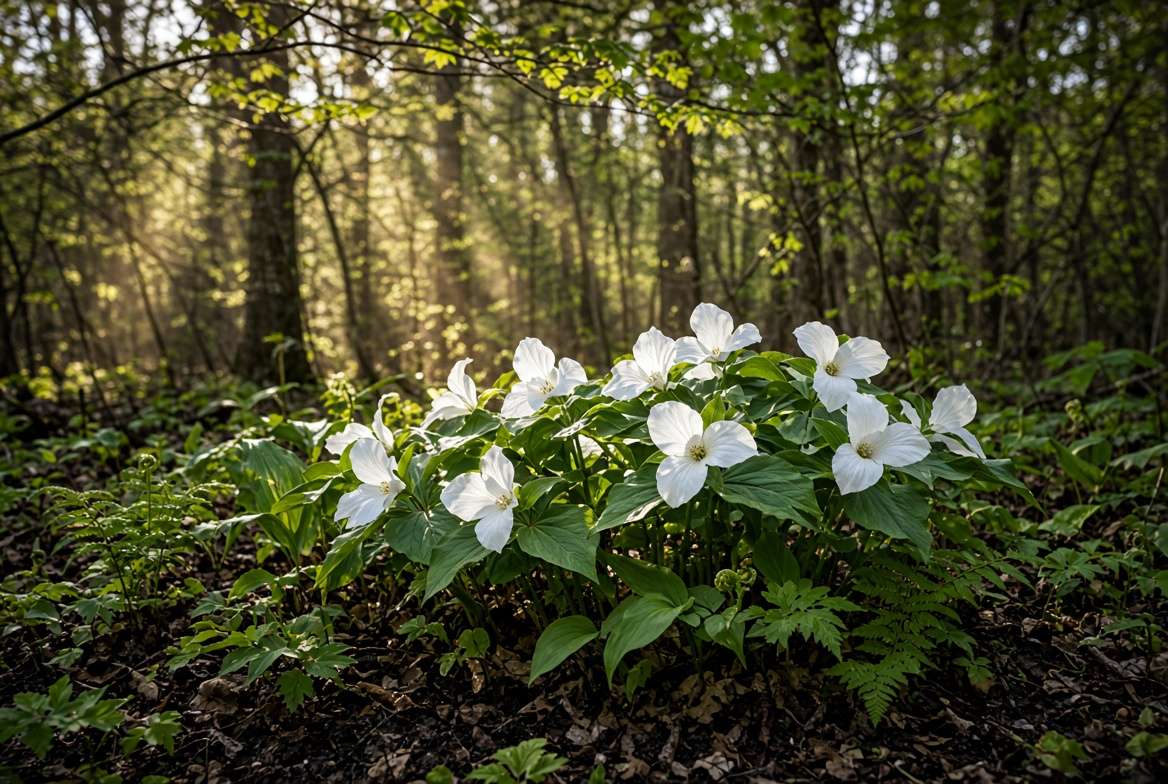 Patch of thriving white Trillium grandiflorum under dappled forest light in a spring garden