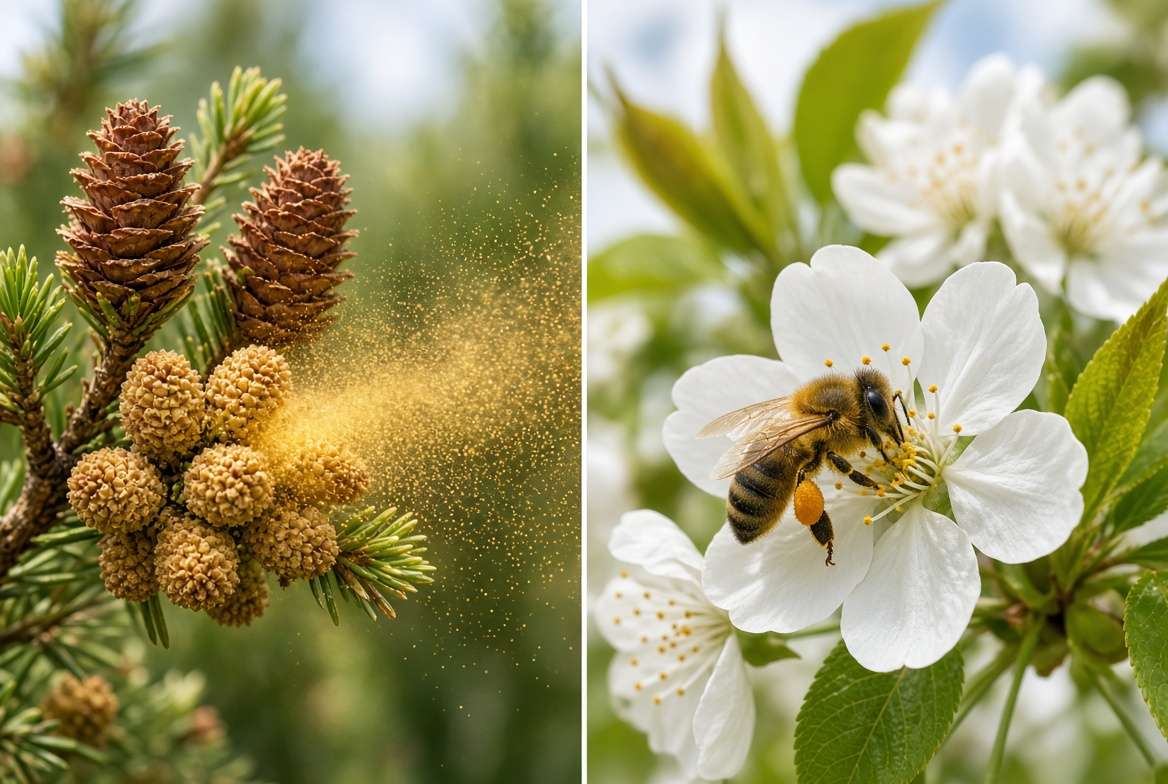 A side-by-side photo showing a pinecone releasing pollen and a honeybee pollinating a flowering cherry blossom.