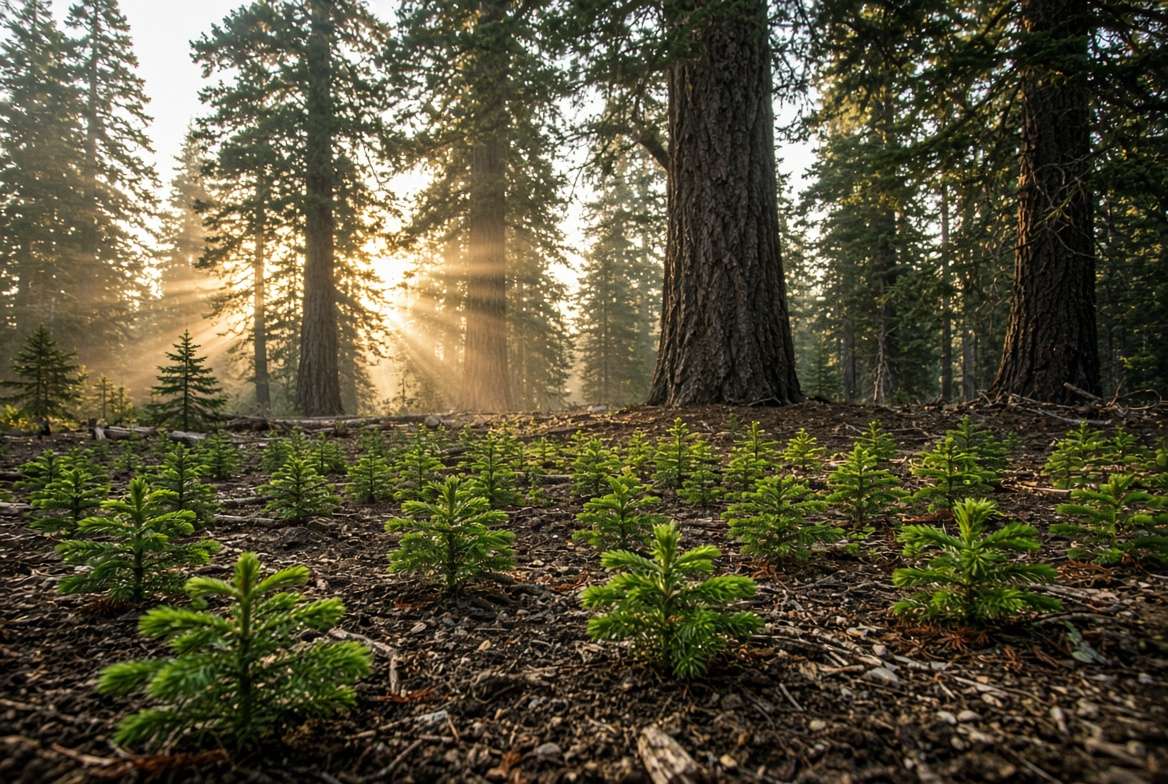 A thriving understory of young pine seedlings growing naturally under the canopy of mature seed trees left after a timber harvest.