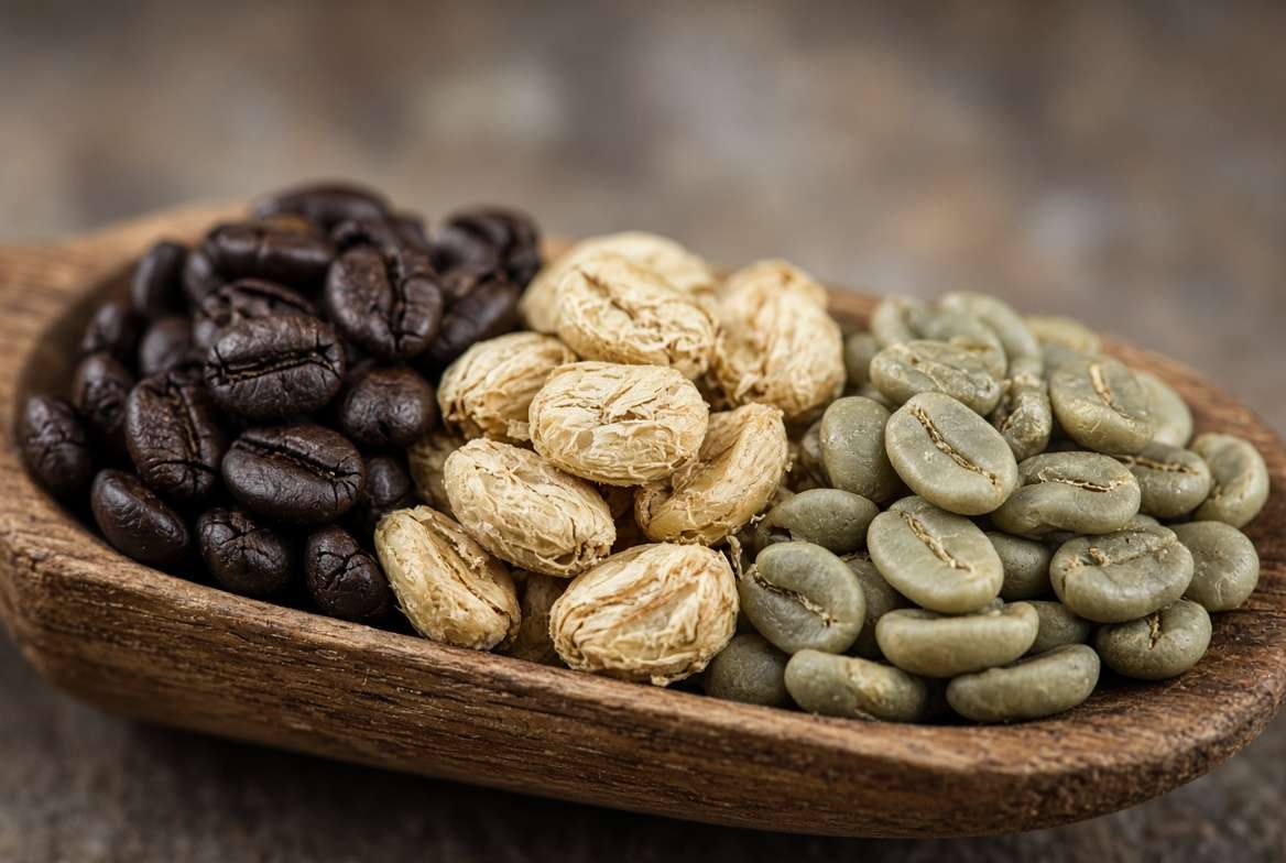 Macro comparison of dark roasted, pale parchment, and grayish-green raw coffee seeds.
