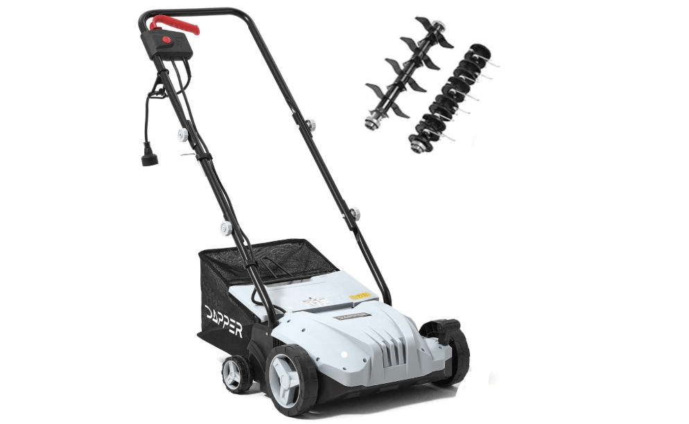 
13-Inch 2-in-1 Electric Dethatcher and Scarifier Lawn Dethatcher with 8-Gallon Removable Thatch Collection Bag, 4-Position Depth Adjustment