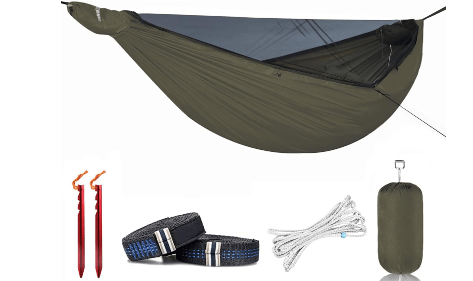 Onewind 11ft Ultralight Camping Hammock with Mosquito Net and Ridgeline | 40D Hexagon Ripstop Nylon, Integrated No-see-ums Bugnet, 64'' Single Wide