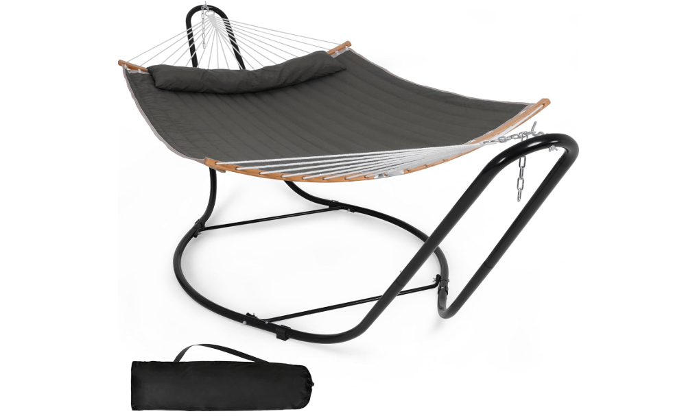 SUNCREAT Double Hammock with Curved Spreader Bar, Dark Gray | Hammock with Stand Included 2 Person, Patent Pending